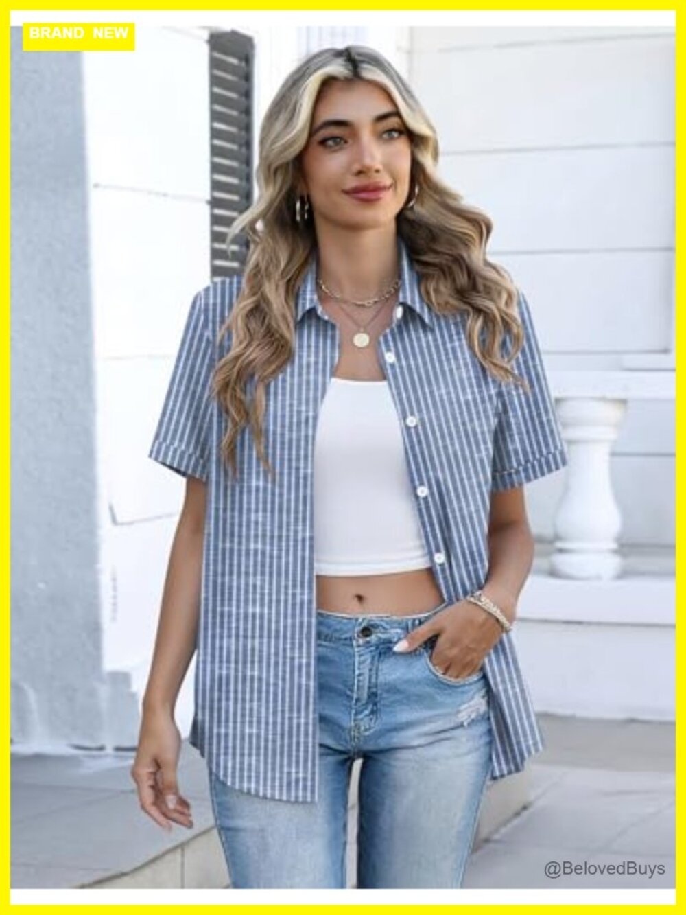 Women's Button Down Short Sleeve Blouse Dressy Casual V-Neck with Roll-Up Cuffs - Picture 2 of 4